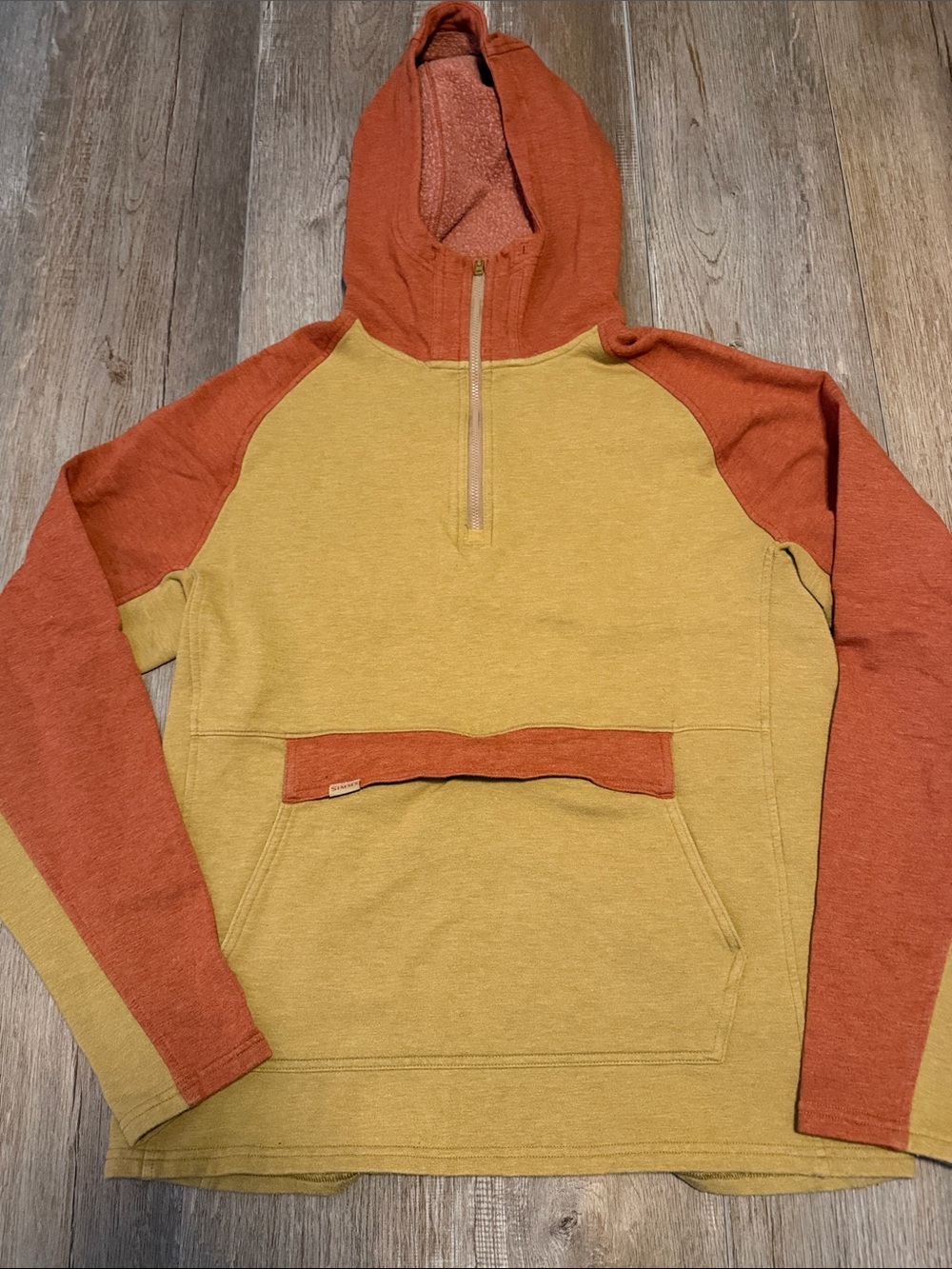Simms Two-Tone Half-Zip Hooded Sweater in Mustard & Rust